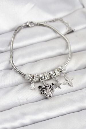 Pirinç Gümüş Renk Kaplan Model Charmlı Kadın Bileklik