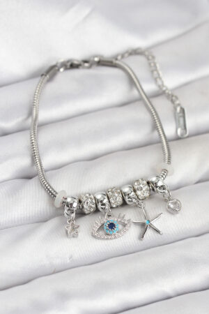 Pirinç Gümüş Renk Göz Model Charmlı Kadın Bileklik