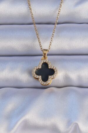 316L Çelik Gold Renk Siyah Mineli Zirkon Taşlı Yonca Figürlü Kolye