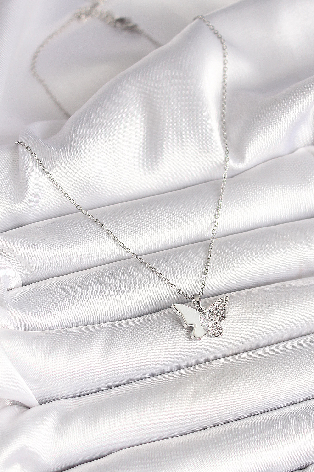 316L Çelik Gümüş Renk Zincir Zirkon Taşlı Beyaz Mineli Kelebek Model Kadın Kolye - Görsel 2