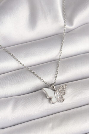 316L Çelik Gümüş Renk Zincir Zirkon Taşlı Beyaz Mineli Kelebek Model Kadın Kolye