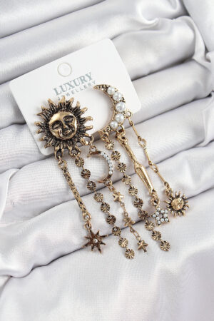 Pirinç Zirkon Taşlı Güneş Ve Ay Figürlü Eskitme Model Sallantılı Küpe