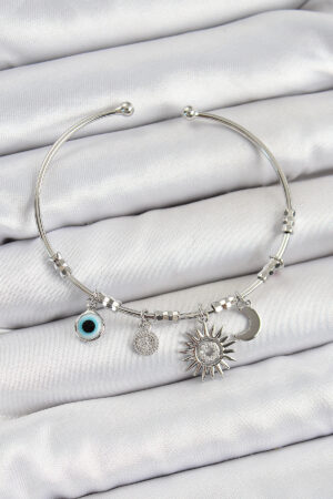 Pirinç Zirkon Taşlı Güneş Ay Ve Nazar Model Gümüş Renk Charm Bileklik