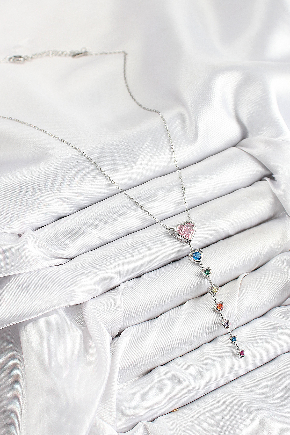 Pirinç Renkli Zirkon Taşlı Kalp Model Gümüş Renk Kadın Y Kolye - Görsel 2