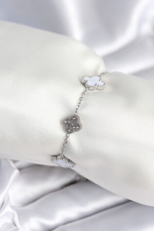 316L Çelik Zincir Gümüş Renk Zirkon Taşlı Yonca Beyaz Kadın Bileklik