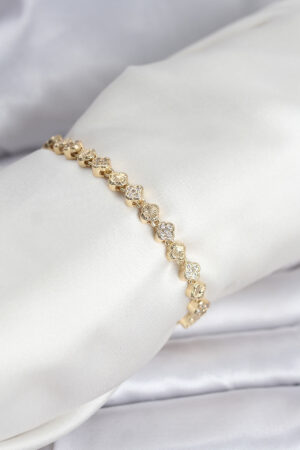 Pirinç Gold Renk VIP Seri Sıralı Yonca Model Zirkon Taşlı Kadın Bileklik