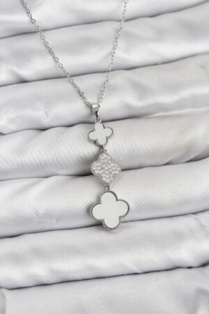 316L Çelik Zincir Gümüş Renk Yonca Detaylı Zirkon Taşlı Kadın Kolye