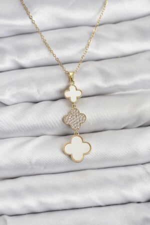 316L Çelik Zincir Gold Renk Yonca Detaylı Zirkon Taşlı Kadın Kolye