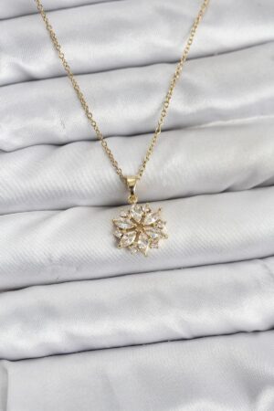 316L Çelik Zincir Gold Renk Lotus Model Zirkon Taşlı Kadın Kolye