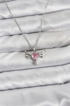 316L Çelik Zincir Gümüş Renk Kanatlı Kalp Model Zirkon Taşlı Kadın Kolye