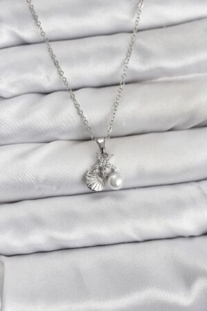 316L Çelik Zincir Gümüş Renk Deniz Kabuğu ve Deniz Yıldızı Model Zirkon Taşlı Kadın Kolye