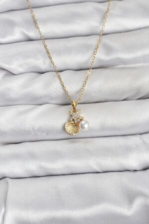 316L Çelik Zincir Gold Renk Deniz Kabuğu ve Deniz Yıldızı Model Zirkon Taşlı Kadın Kolye