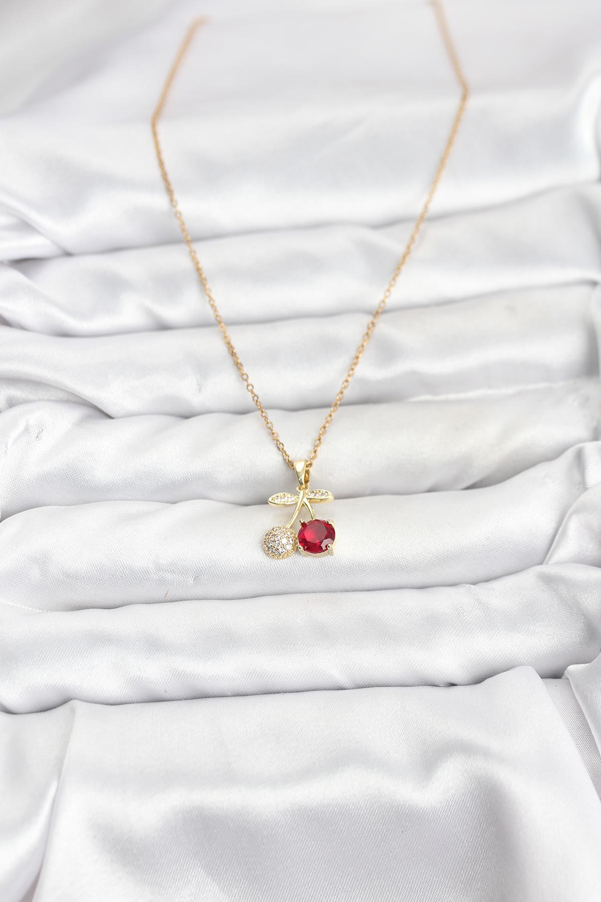 316L Çelik Zincir Gold Renk Kiraz Model Zirkon Taşlı Kadın Kolye - Görsel 2