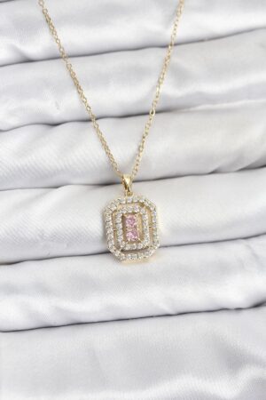 316L Çelik Zincir Gold Renk Plaka Model Zirkon Taşlı Kadın Kolye