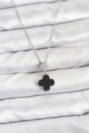 316L Çelik Zincir Gümüş Renk Yonca Model Zirkon Taşlı Kadın Kolye