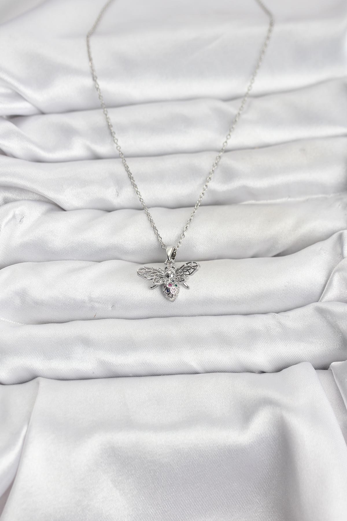 316L Çelik Zincir Gümüş Renk Sinek Model Zirkon Taşlı Kadın Kolye - Görsel 2