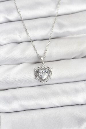 316L Çelik Zincir Gümüş Renk Kalp Model Zirkon Taşlı Kadın Kolye