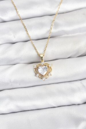 316L Çelik Zincir Gold Renk Kalp Model Zirkon Taşlı Kadın Kolye