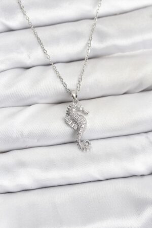 316L Çelik Zincir Gümüş Renk Deniz Atı Model Zirkon Taşlı Kadın Kolye