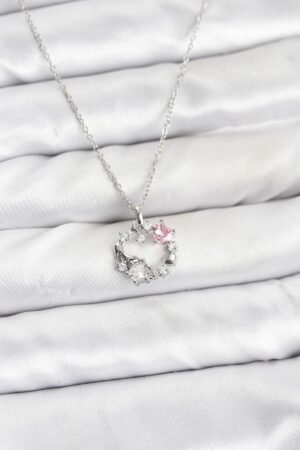 316L Çelik Zincir Gümüş Renk Pembe Taş Detaylı Çelenk Model Kadın Kolye