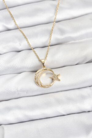 316L Çelik Zincir Gold Renk Ay Yıldız Model Zirkon Taşlı Kadın Kolye