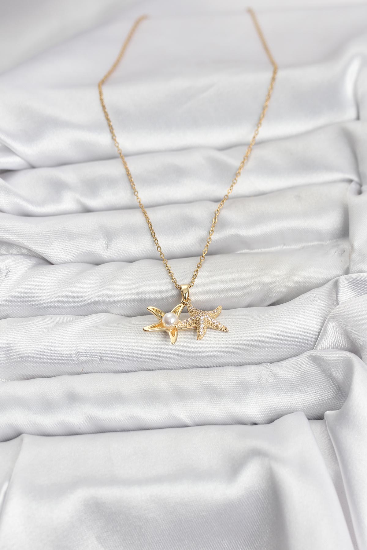 316L Çelik Zincir Gold Renk Deniz Yıldızı Model Zirkon Taşlı Kadın Kolye - Görsel 2
