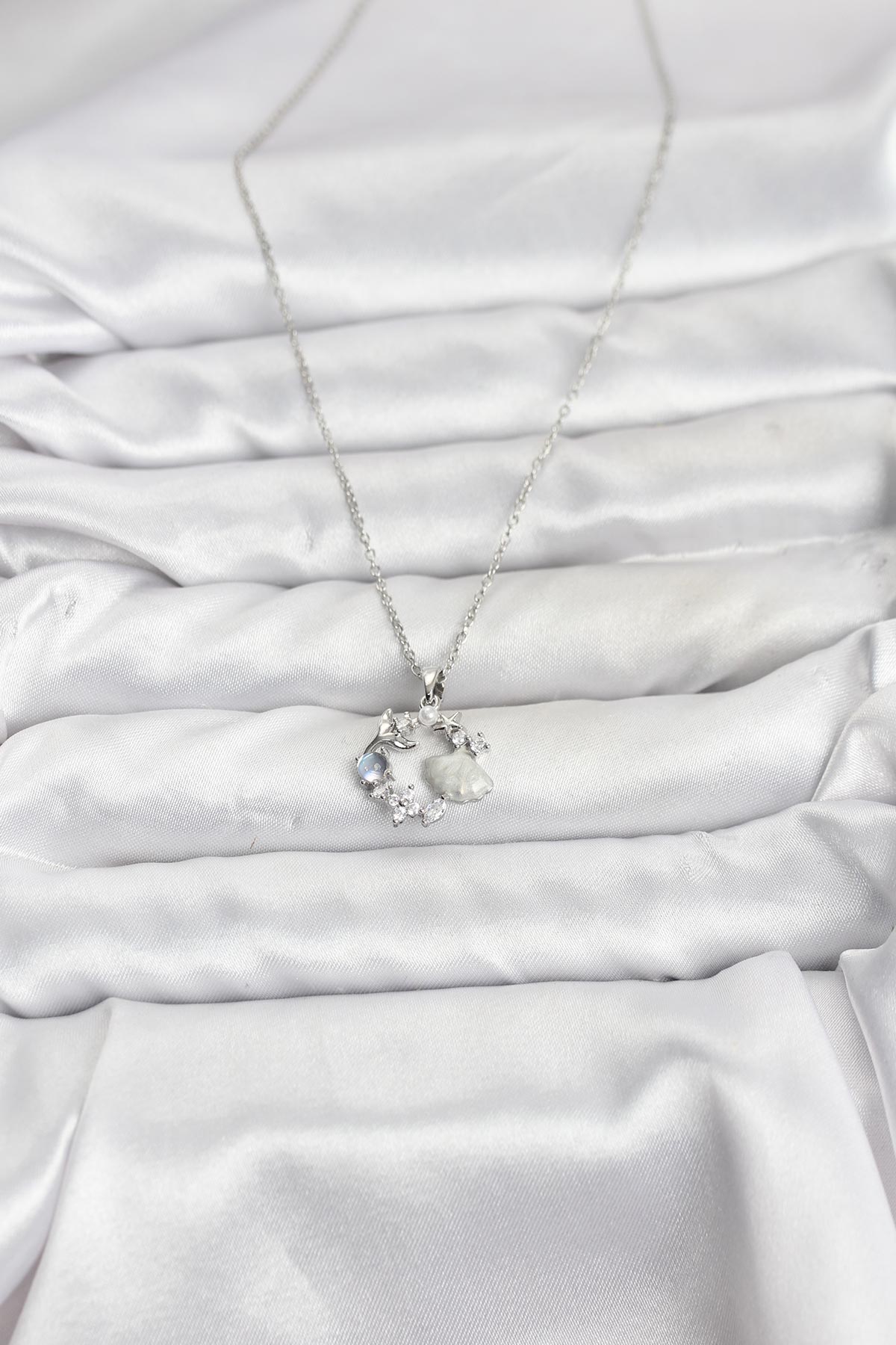 316L Çelik Zincir Gümüş Renk Deniz Tema Model Zirkon Taşlı Kadın Kolye - Görsel 2