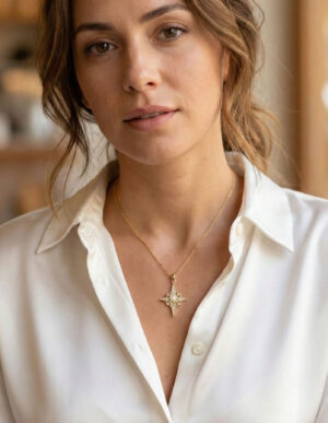 316L Çelik Zincir Gold Renk Kutup Yıldızı Model Zirkon Taşlı Kadın Kolye