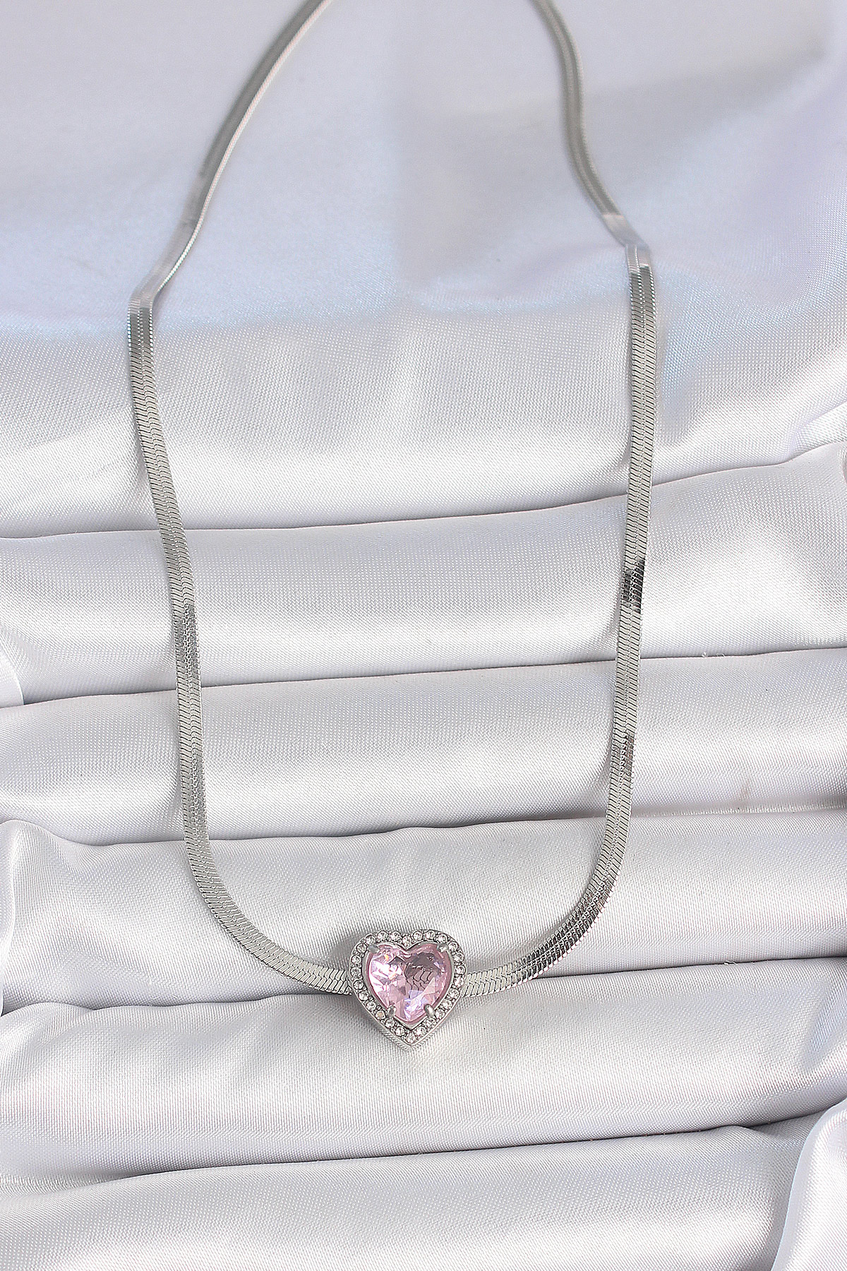 316L Çelik Gümüş Renk İtalyan Zincir Pembe Zirkon Taşlı Kalp Model Kadın Kolye - Görsel 2