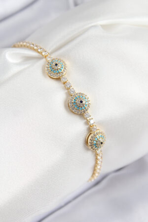 Pirinç Zirkon Taşlı Nazar Model Gold Renk Kadın Bileklik