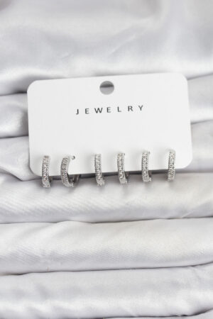 Gümüş Renk Pirinç Zirkon Taşlı Halka Kadın Küpe Seti