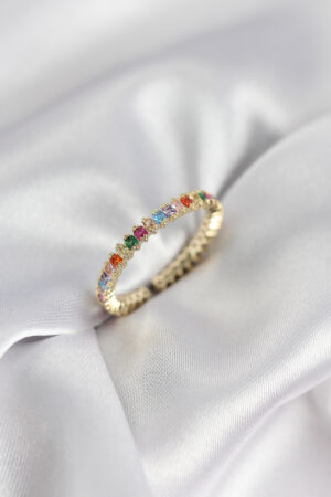 Sıralı Karışık Renkli Gold Renk Zirkon Taşlı Kadın Yüzük