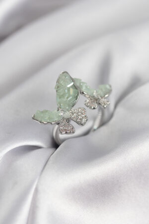 Gümüş Renk Su Yeşili Kelebek Model Zirkon Taşlı Kadın Yüzük