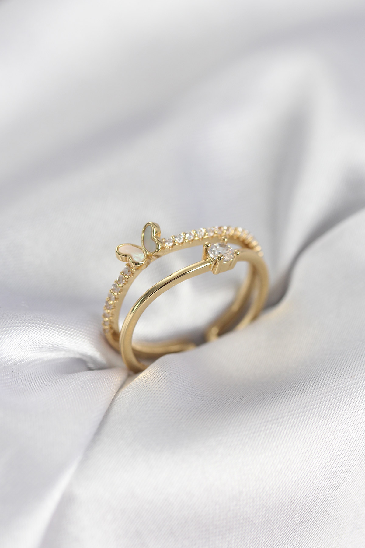 Gold Renk 2'li Zirkon Taşlı Kelebek Model Kadın Yüzük