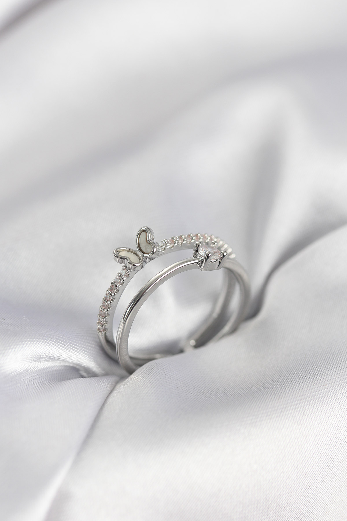 Gümüş Renk 2'li Zirkon Taşlı Kelebek Model Kadın Yüzük