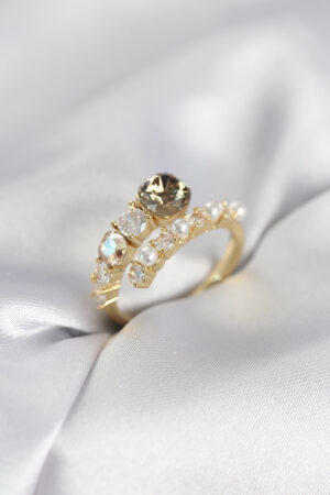 Gold Renk Pirinç Zirkon Taşlı İncili Kadın Yüzük