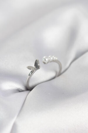 İncili Kelebek Model Gümüş Renk Pirinç Kadın Yüzük