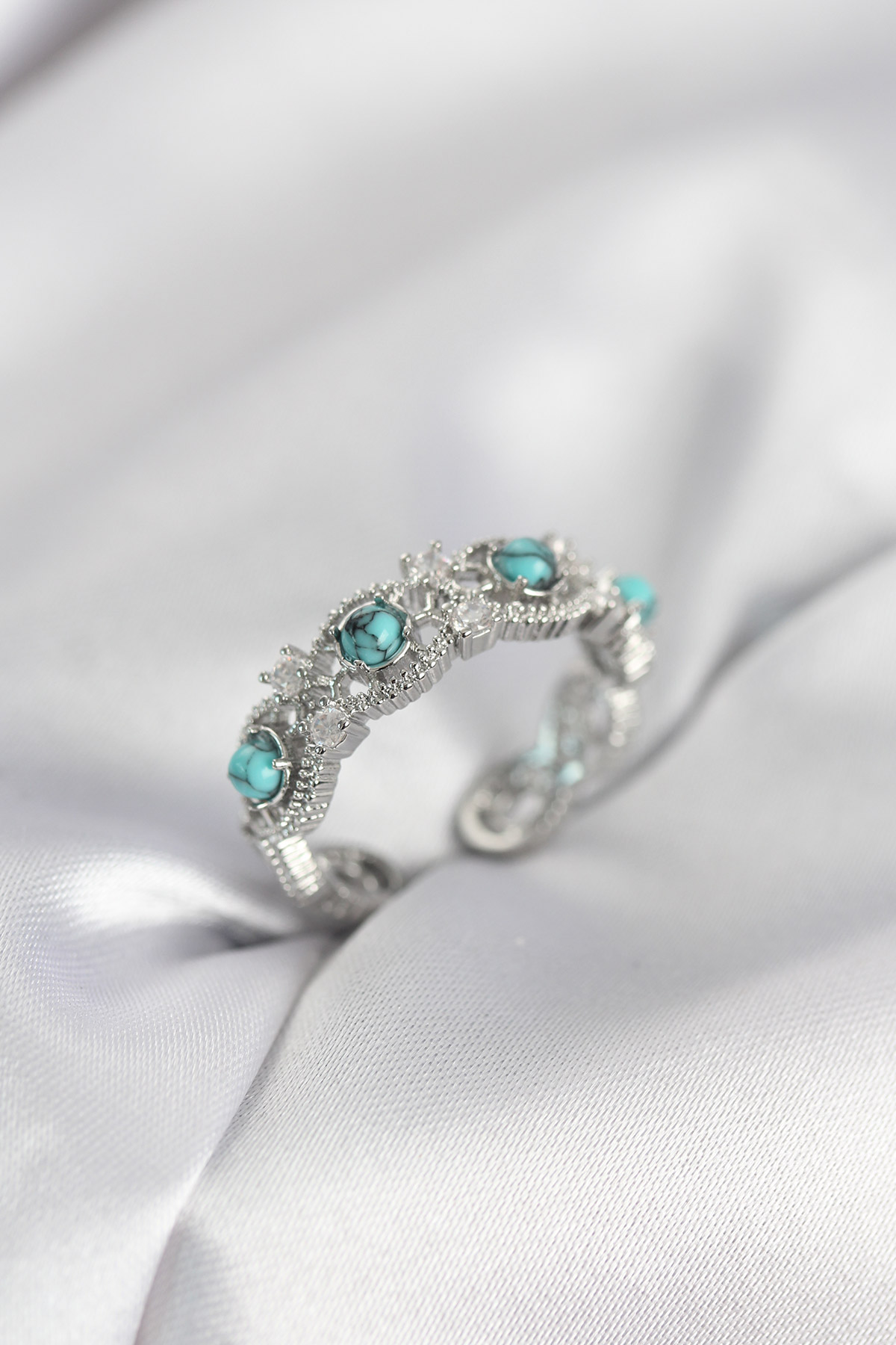 Mavi Taşlı Gümüş Renk Vintage Kadın Yüzük