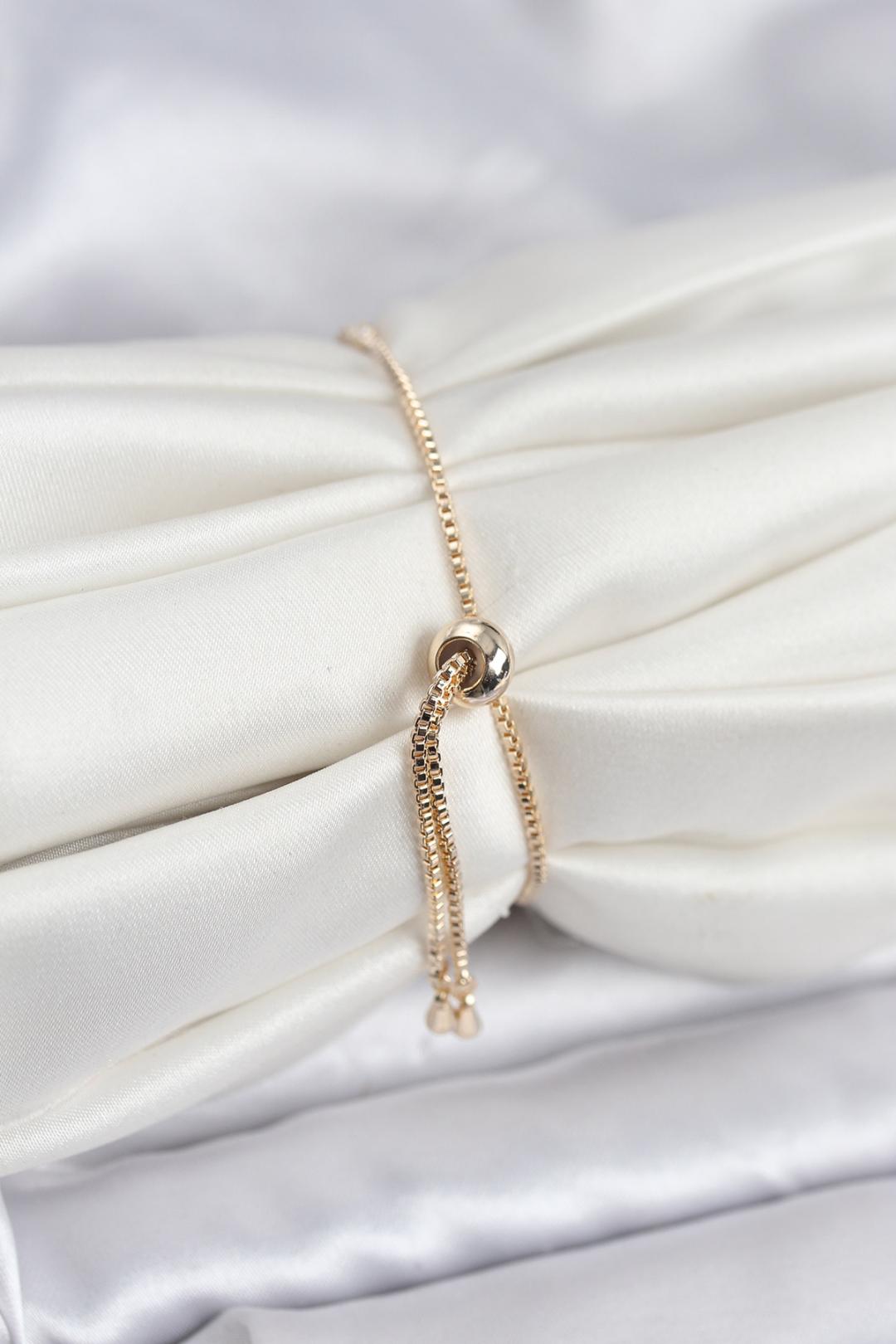 Gold Renk Zincir Model Zirkon Taşlı Pirinç Asansörlü Kadın Bileklik - Görsel 2