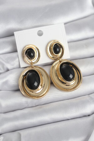 Siyah Sallantılı Damla Model Gold Renk Vintage Kadın Küpe