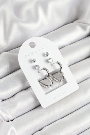 Pirinç Zirkon Taş Ve Kalp Figürlü Gümüş Renk 3'lü Çift Kadın Küpe Set