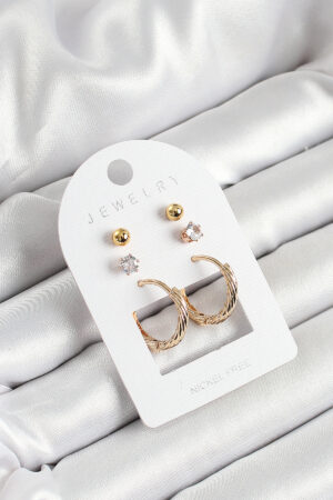 Pirinç Zirkon Taş Ve Halka Figürlü Gold Renk 3'lü Çift Kadın Küpe Set