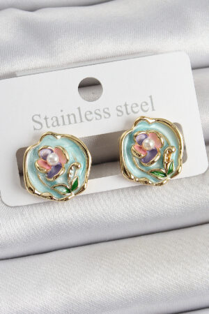 Pirinç Yeşil Mineli Çiçek Figürlü Sanatsal Portre Model Gold Renk Kadın Küpe