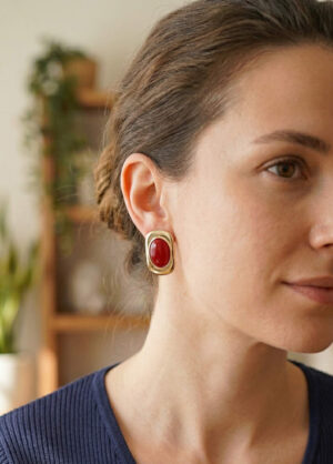 Bordo Renk Kare Model Vintage Kadın Küpe