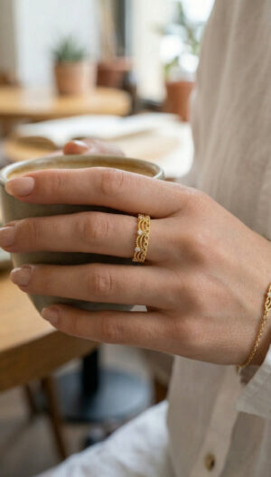 Gold Renk Motif Desenli Zirkon Taşlı Kadın Yüzük