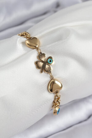 316L Çelik Nazar Boncuk Detaylı Yonca Model Gold Renk Kadın Bileklik