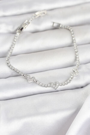 Pirinç Gümüş Renk Kalp Model Zirkon Taşlı Su Yolu Kadın Bileklik