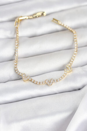 Pirinç Gold Renk Kalp Model Zirkon Taşlı Su Yolu Kadın Bileklik