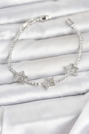 Pirinç Gümüş Renk Yıldız Model Zirkon Taşlı Su Yolu Kadın Bileklik