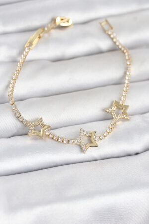 Pirinç Gold Renk Yıldız Model Zirkon Taşlı Su Yolu Kadın Bileklik